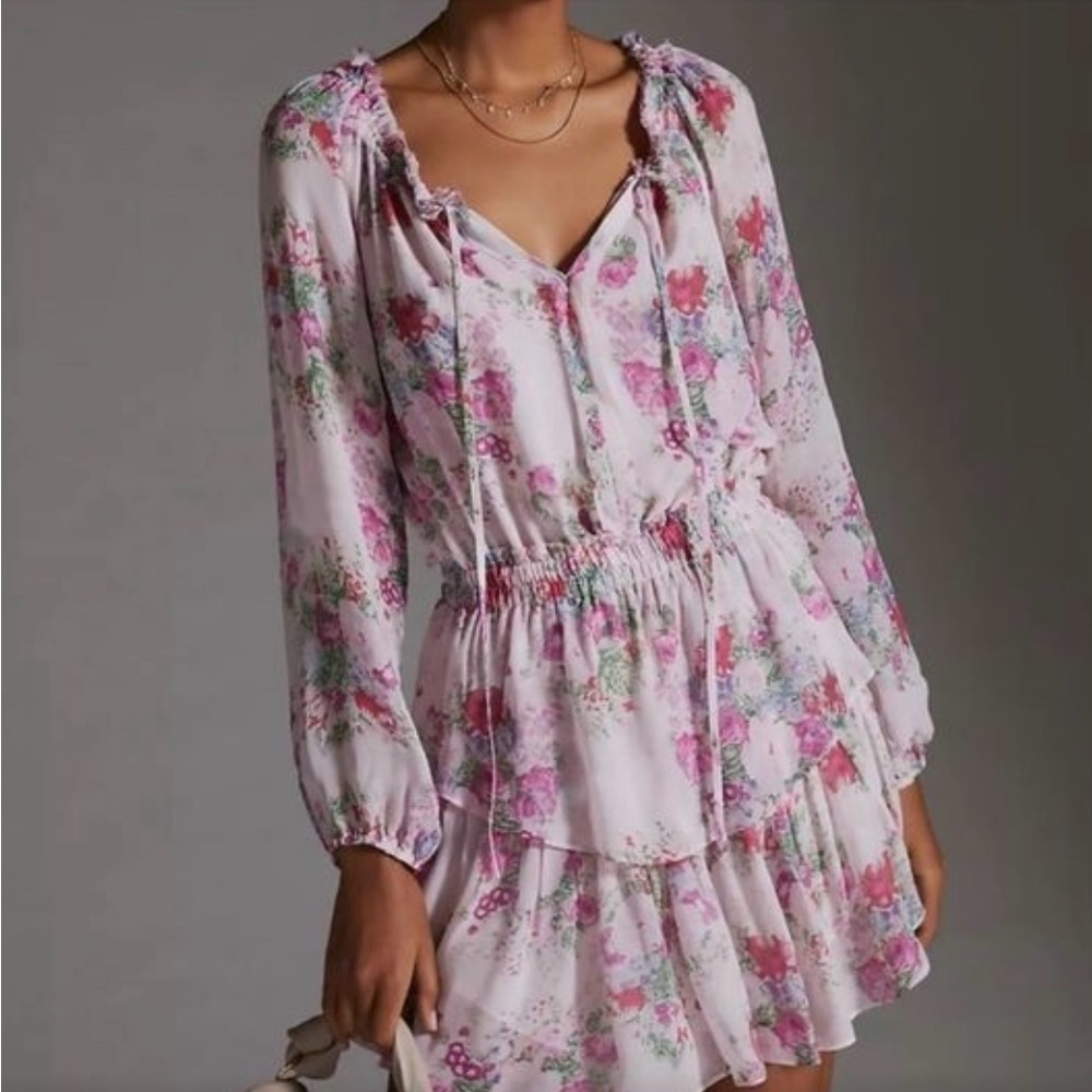 LoveShackFancy Tiered Mini Floral Dress Popover Pink Size Small
